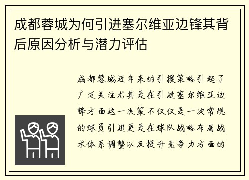 成都蓉城为何引进塞尔维亚边锋其背后原因分析与潜力评估