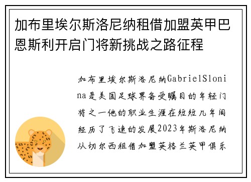 加布里埃尔斯洛尼纳租借加盟英甲巴恩斯利开启门将新挑战之路征程