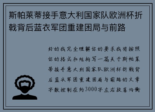 斯帕莱蒂接手意大利国家队欧洲杯折戟背后蓝衣军团重建困局与前路